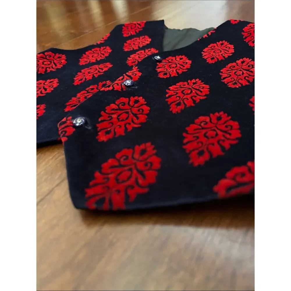 Kid’s Retro Vest with Red Flocked Damask Motif, Size 3